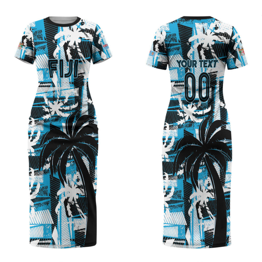 Custom Fijian Rugby Couples Matching Short Sleeve Bodycon Dress and Long Sleeve Button Shirt Grunge Palm Stylized LT01 - Polynesian Pride