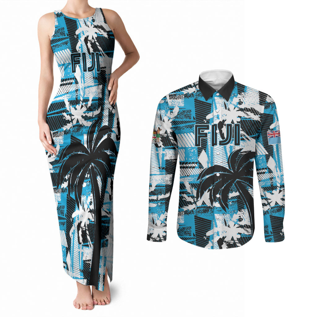 Custom Fijian Rugby Couples Matching Tank Maxi Dress and Long Sleeve Button Shirt Grunge Palm Stylized LT01 Blue - Polynesian Pride