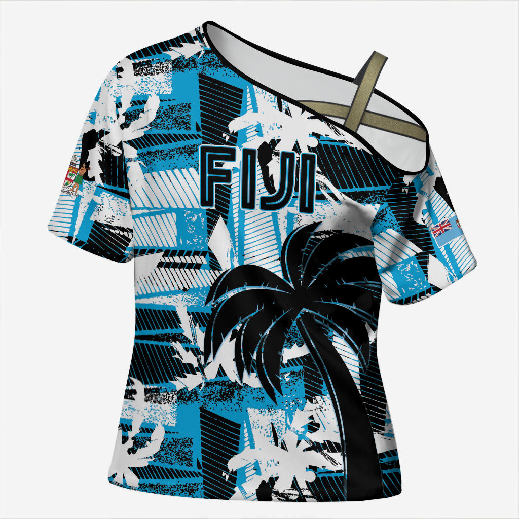 Custom Fijian Rugby Cross Shoulder Shirt Grunge Palm Stylized LT01 Female Blue - Polynesian Pride