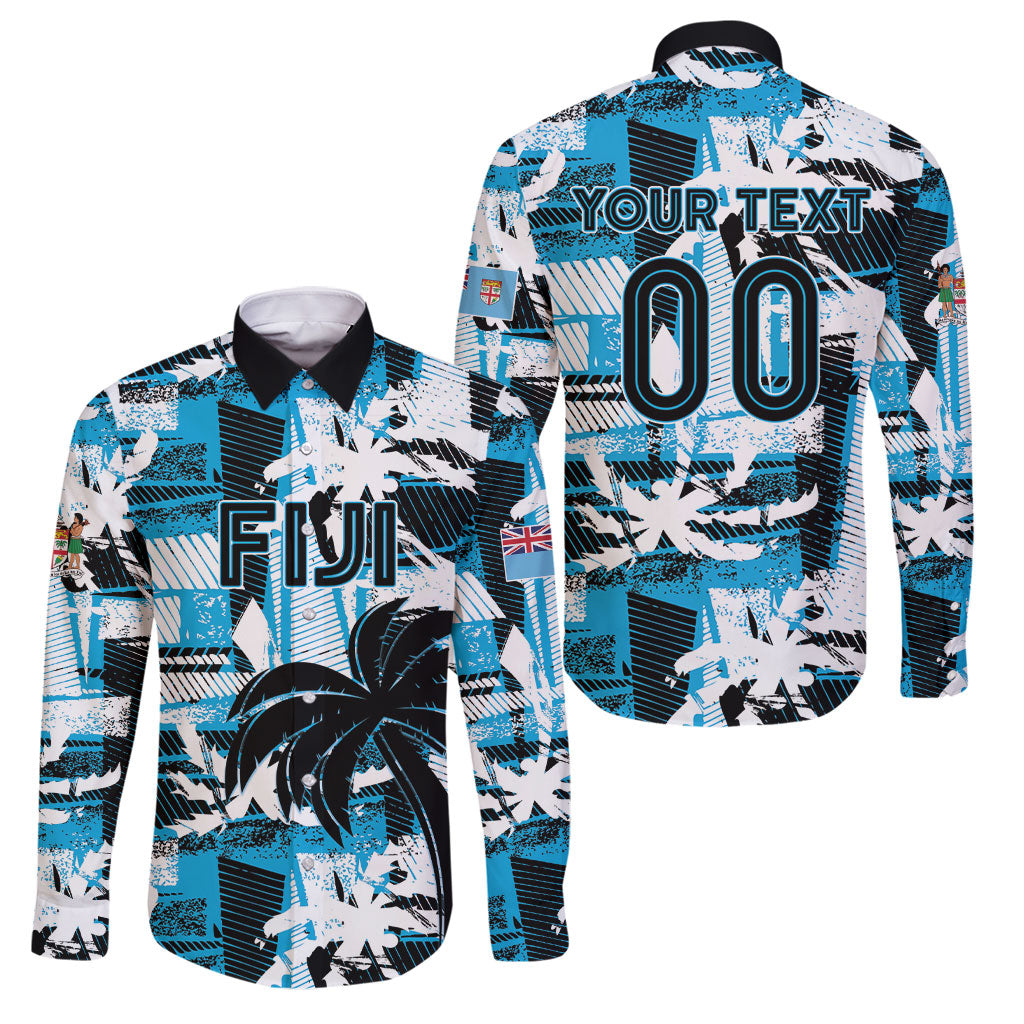 Custom Fijian Rugby Family Matching Mermaid Dress and Hawaiian Shirt Grunge Palm Stylized LT01 Dad's Shirt - Long Sleeve Blue - Polynesian Pride