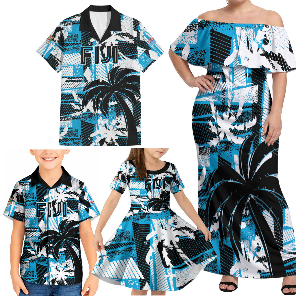 Custom Fijian Rugby Family Matching Off Shoulder Maxi Dress and Hawaiian Shirt Grunge Palm Stylized LT01 - Polynesian Pride