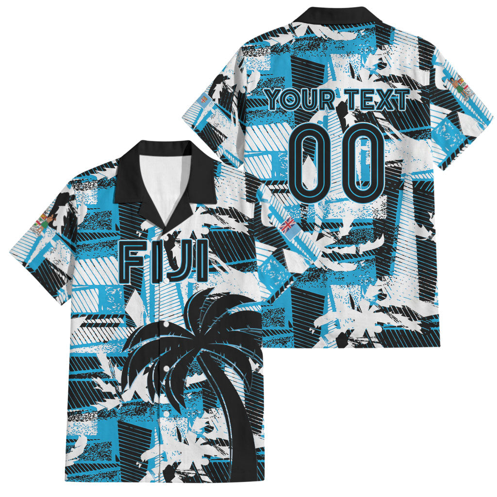 Custom Fijian Rugby Family Matching Off Shoulder Short Dress and Hawaiian Shirt Grunge Palm Stylized LT01 Dad's Shirt - Short Sleeve Blue - Polynesian Pride