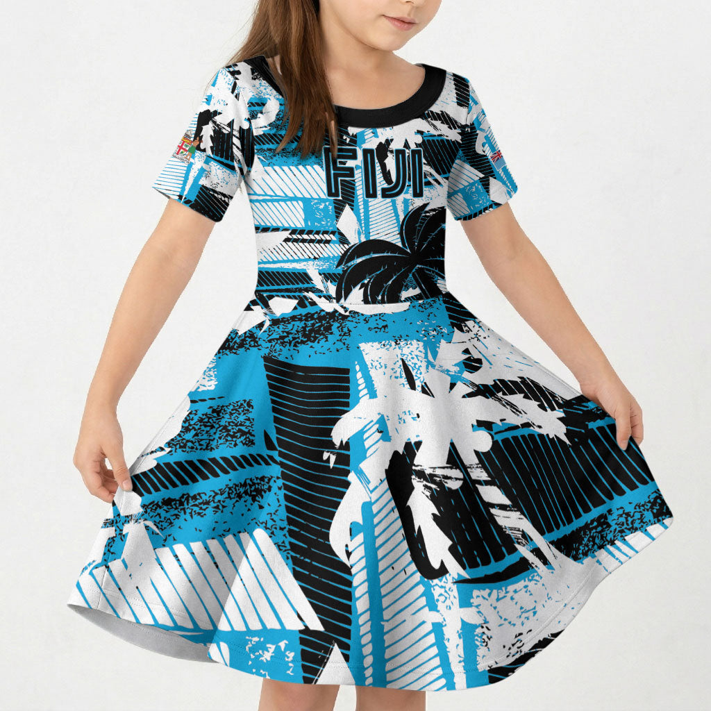 Custom Fijian Rugby Kid Short Sleeve Dress Grunge Palm Stylized LT01 KID Blue - Polynesian Pride