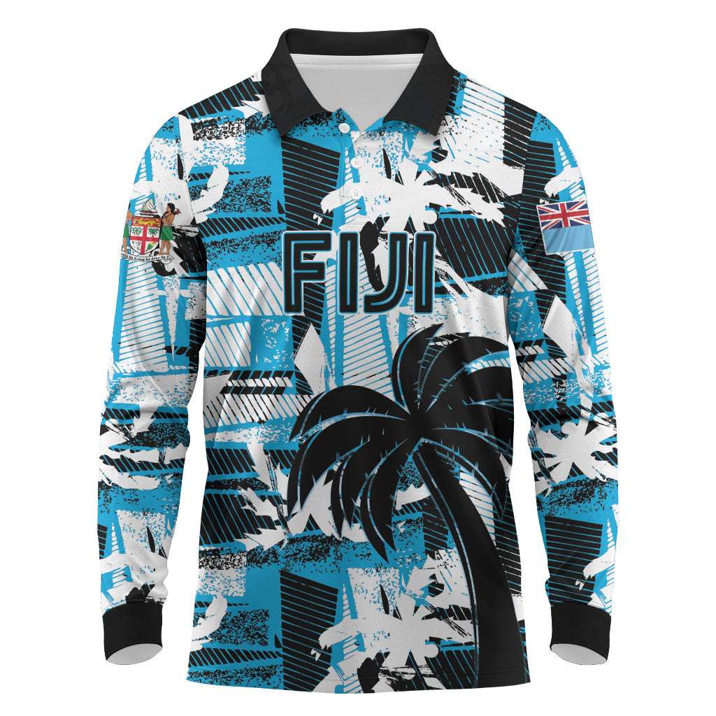 Custom Fijian Rugby Long Sleeve Polo Shirt Grunge Palm Stylized LT01 Blue - Polynesian Pride