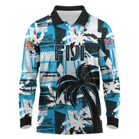 Custom Fijian Rugby Long Sleeve Polo Shirt Grunge Palm Stylized LT01 Blue - Polynesian Pride