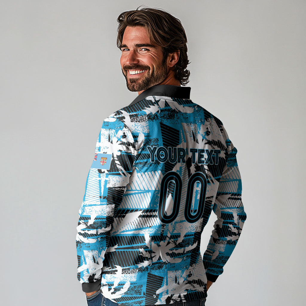 Custom Fijian Rugby Long Sleeve Polo Shirt Grunge Palm Stylized LT01 - Polynesian Pride
