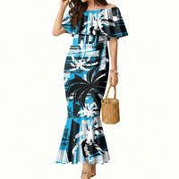 Custom Fijian Rugby Mermaid Dress Grunge Palm Stylized LT01 Women Blue - Polynesian Pride