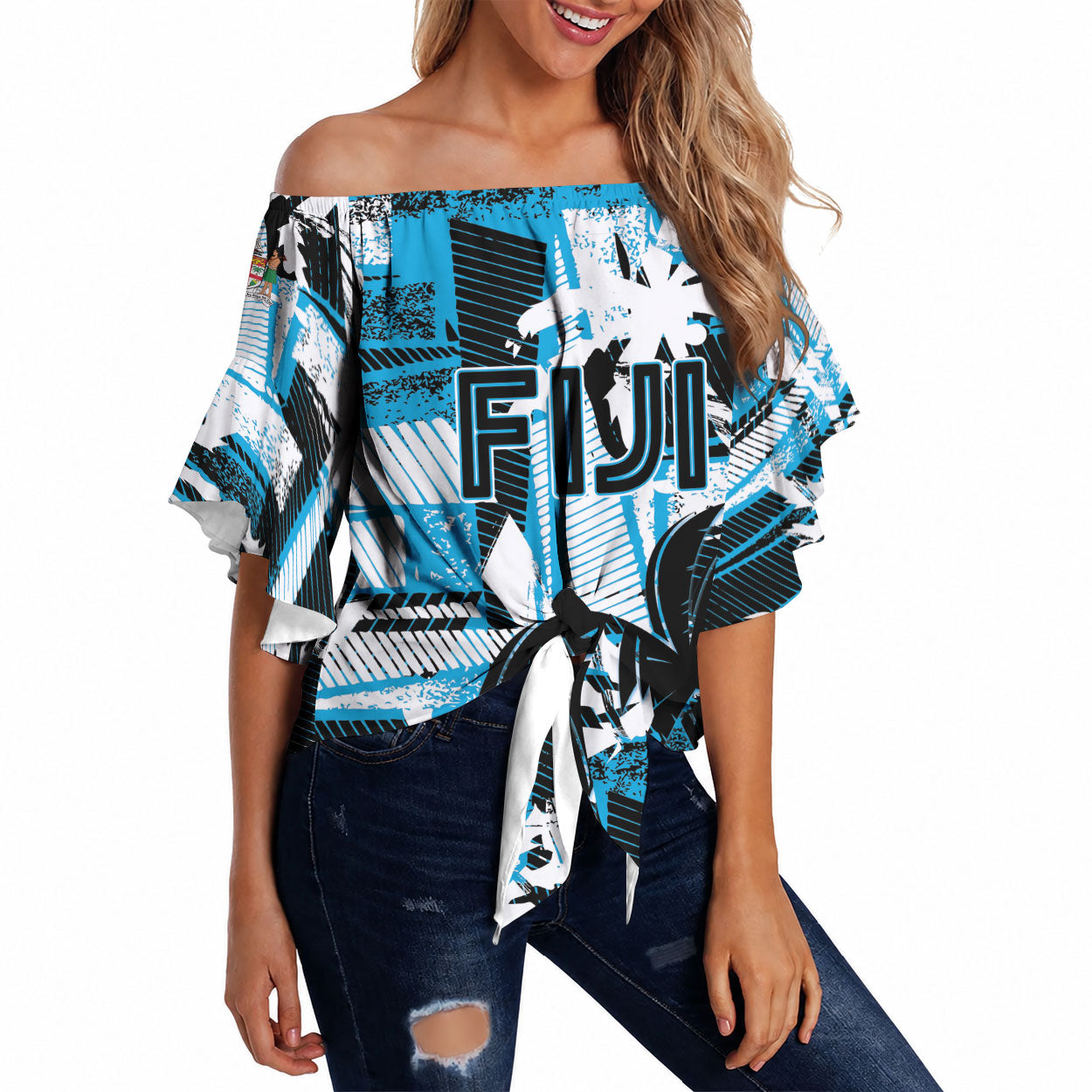Custom Fijian Rugby Off Shoulder Wrap Waist Top Grunge Palm Stylized LT01 Blue - Polynesian Pride