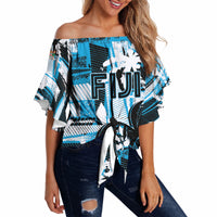 Custom Fijian Rugby Off Shoulder Wrap Waist Top Grunge Palm Stylized LT01 Blue - Polynesian Pride
