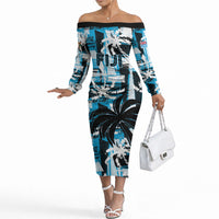 Custom Fijian Rugby Off The Shoulder Long Sleeve Dress Grunge Palm Stylized LT01 Women Blue - Polynesian Pride