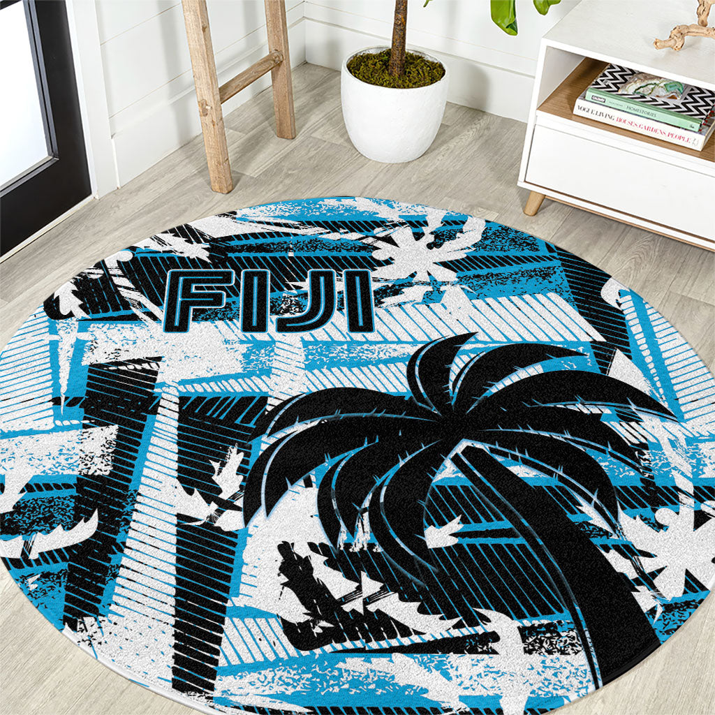 Fijian Rugby Round Carpet Grunge Palm Stylized LT01 Blue - Polynesian Pride
