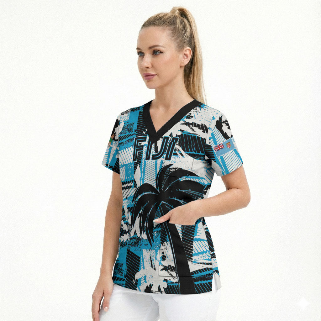 Custom Fijian Rugby Scrub Top Grunge Palm Stylized LT01 - Polynesian Pride