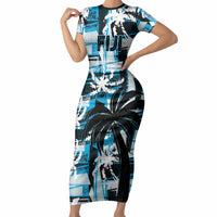 Custom Fijian Rugby Short Sleeve Bodycon Dress Grunge Palm Stylized LT01 Long Dress Blue - Polynesian Pride