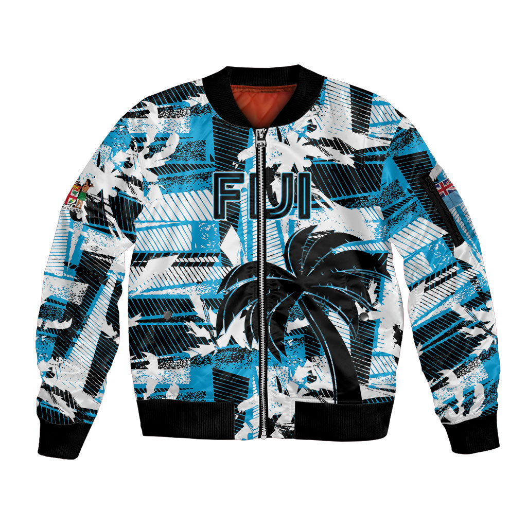 Custom Fijian Rugby Sleeve Zip Bomber Jacket Grunge Palm Stylized