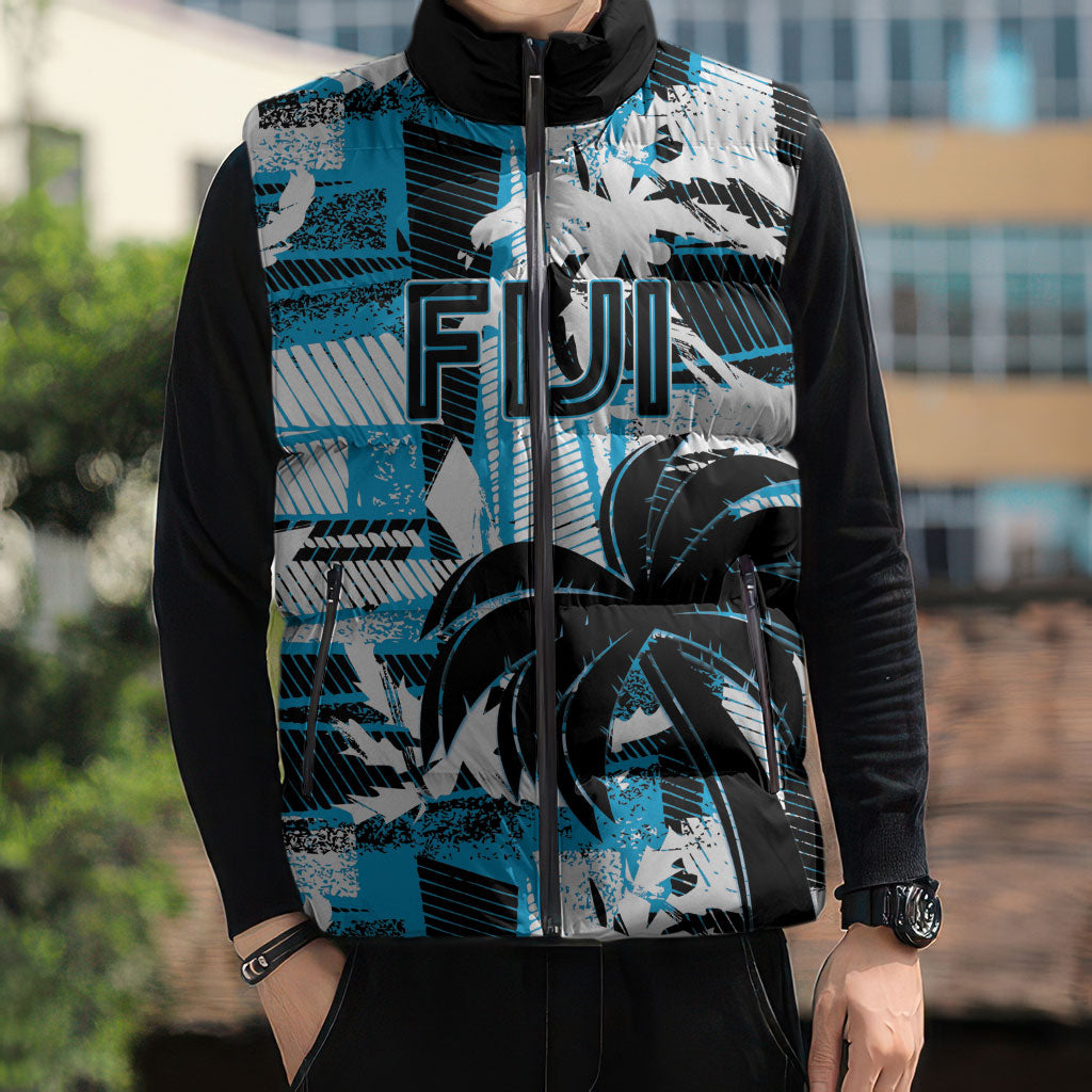 Custom Fijian Rugby Sleeveless Puffer Jacket Grunge Palm Stylized LT01 - Polynesian Pride