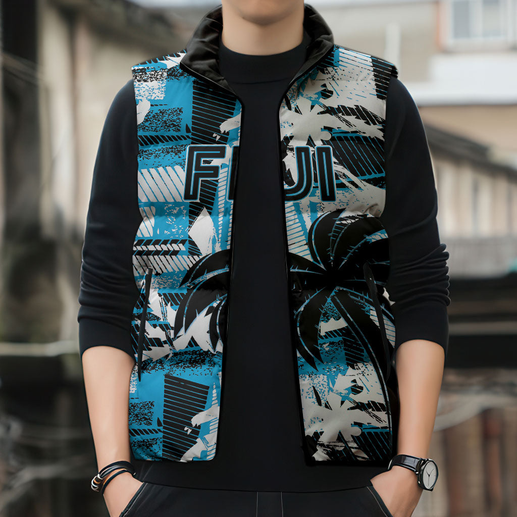 Custom Fijian Rugby Sleeveless Puffer Jacket Grunge Palm Stylized LT01 - Polynesian Pride