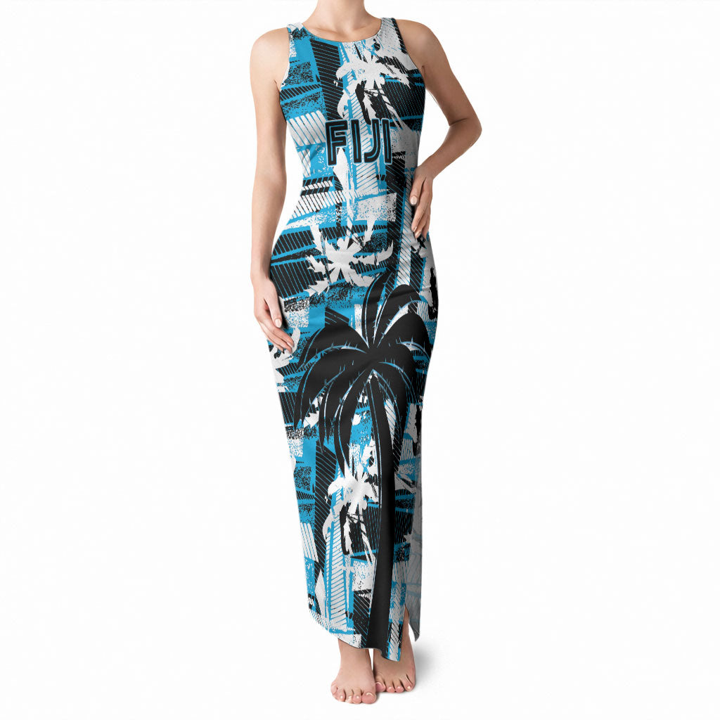 Custom Fijian Rugby Tank Maxi Dress Grunge Palm Stylized LT01 Women Blue - Polynesian Pride
