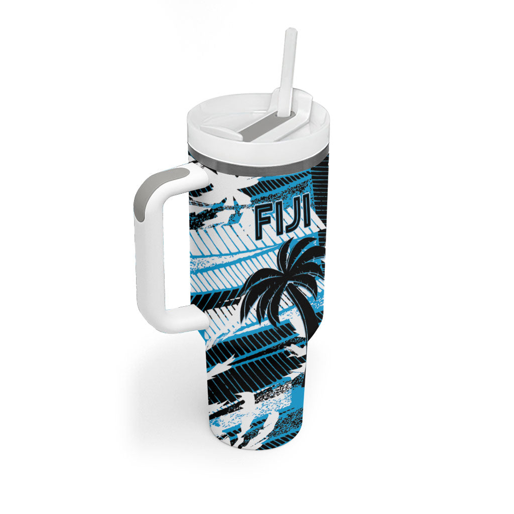Custom Fijian Rugby Tumbler With Handle Grunge Palm Stylized LT01 - Polynesian Pride