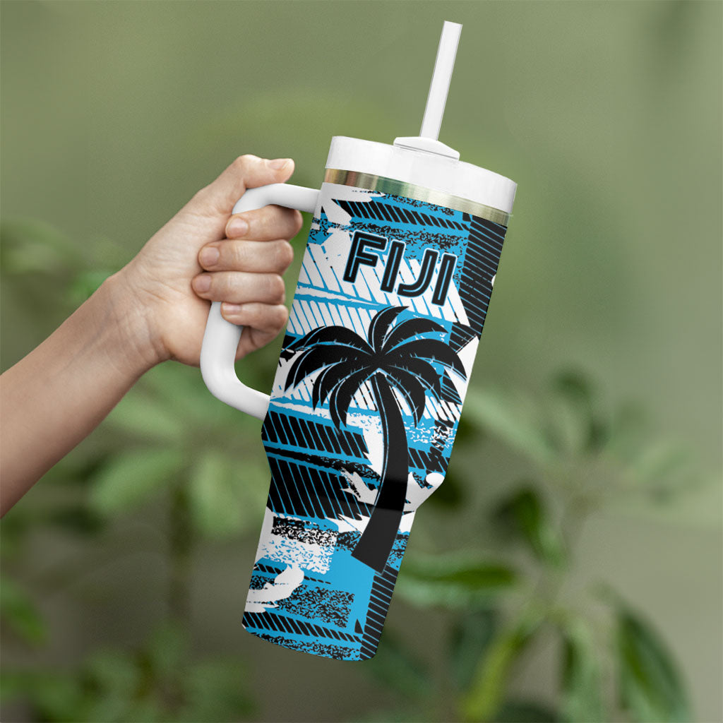 Custom Fijian Rugby Tumbler With Handle Grunge Palm Stylized LT01 - Polynesian Pride