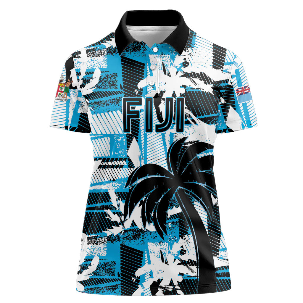 Custom Fijian Rugby Women Polo Shirt Grunge Palm Stylized LT01 Female Blue - Polynesian Pride