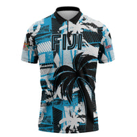 Custom Fijian Rugby Zipper Polo Shirt Grunge Palm Stylized LT01 Blue - Polynesian Pride