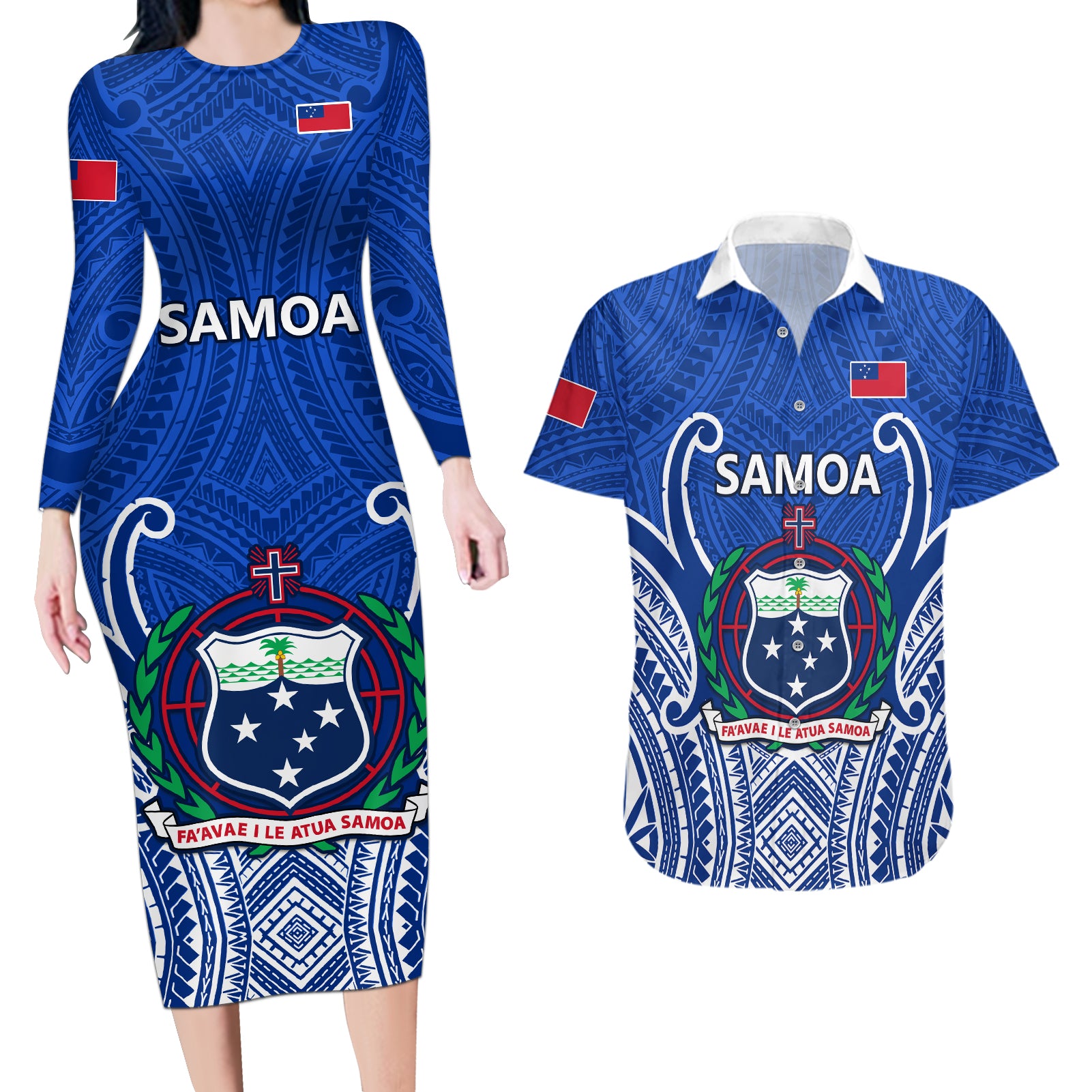 Samoa Rugby Couples Matching Long Sleeve Bodycon Dress and Hawaiian Shirt Manu Samoa Go 2023 World Cup LT01 Blue - Polynesian Pride