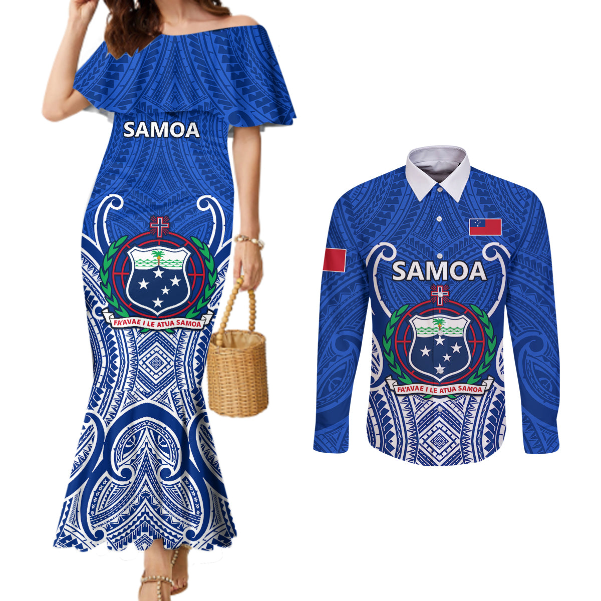 Samoa Rugby Couples Matching Mermaid Dress and Long Sleeve Button Shirts Manu Samoa Go 2023 World Cup LT01 Blue - Polynesian Pride