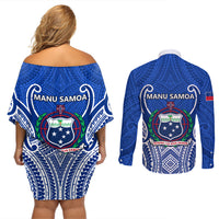 Samoa Rugby Couples Matching Off Shoulder Short Dress and Long Sleeve Button Shirts Manu Samoa Go 2023 World Cup LT01 - Polynesian Pride