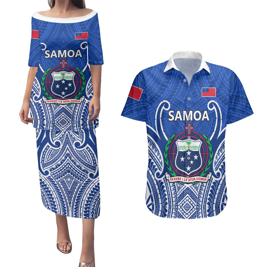 Samoa Rugby Couples Matching Puletasi Dress and Hawaiian Shirt Manu Samoa Go 2023 World Cup LT01 Blue - Polynesian Pride