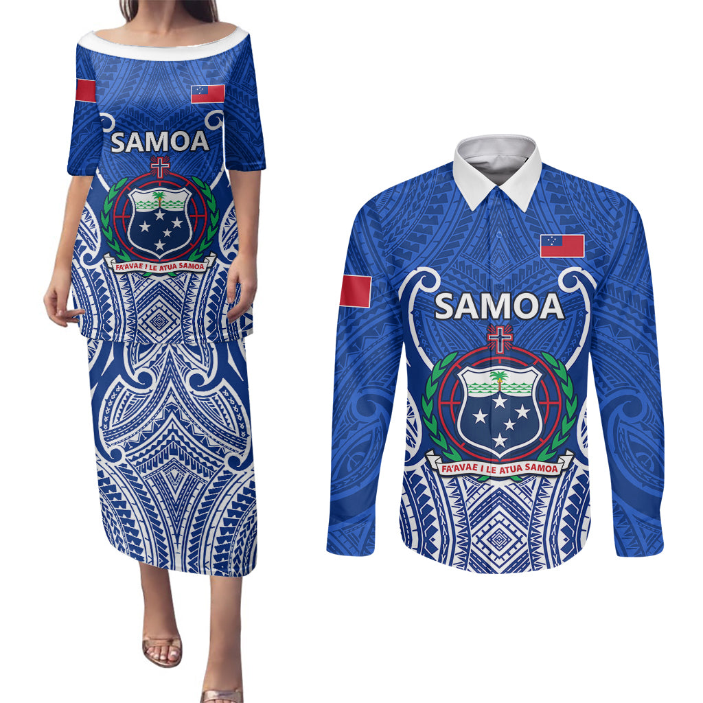 Samoa Rugby Couples Matching Puletasi Dress and Long Sleeve Button Shirts Manu Samoa Go 2023 World Cup LT01 Blue - Polynesian Pride