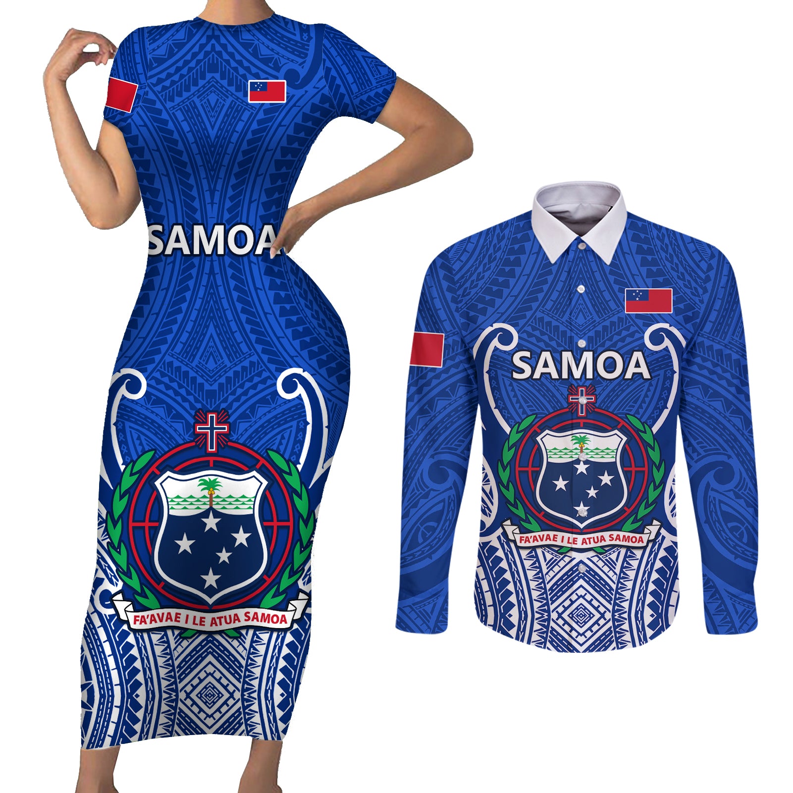 Samoa Rugby Couples Matching Short Sleeve Bodycon Dress and Long Sleeve Button Shirts Manu Samoa Go 2023 World Cup LT01 Blue - Polynesian Pride