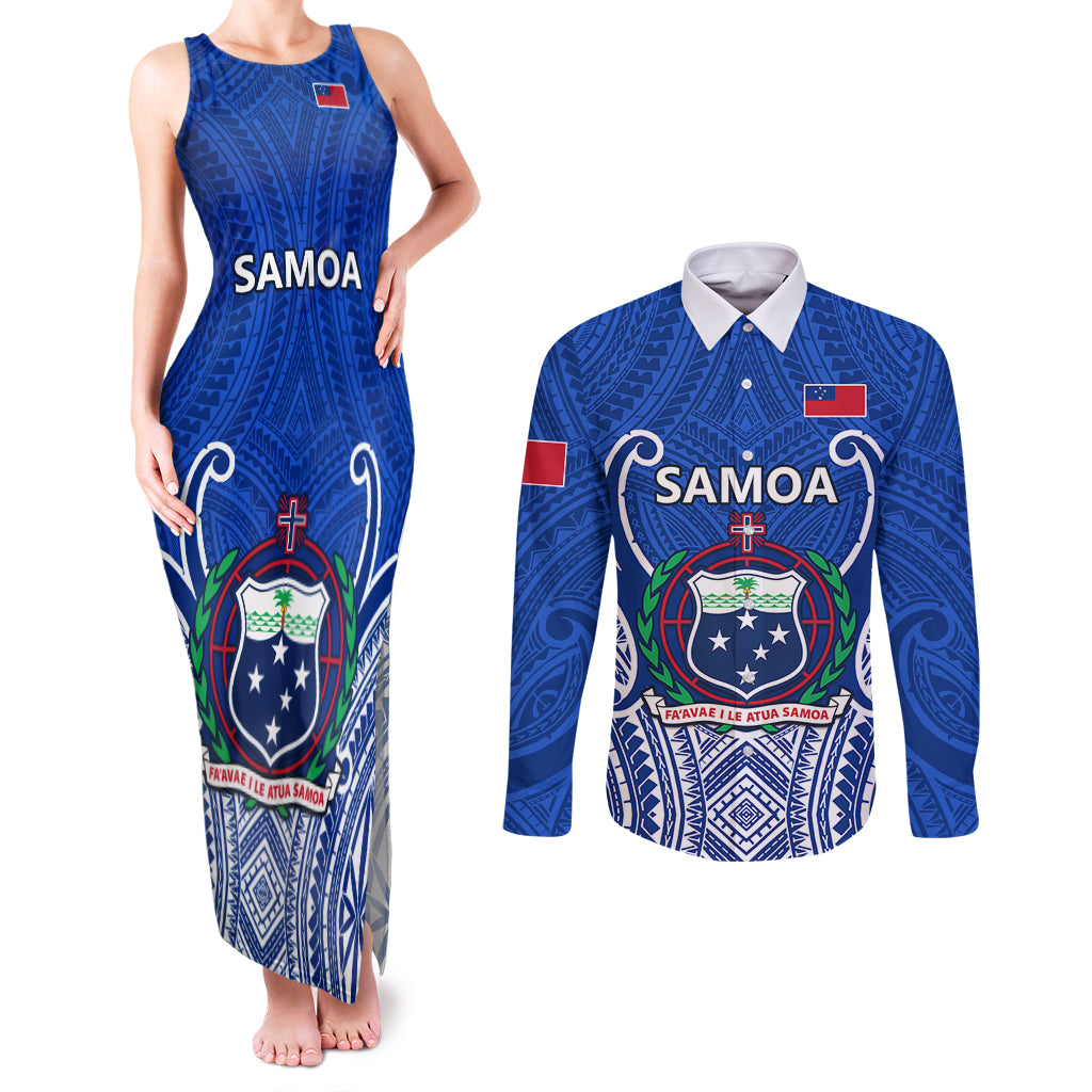 Samoa Rugby Couples Matching Tank Maxi Dress and Long Sleeve Button Shirts Manu Samoa Go 2023 World Cup LT01 Blue - Polynesian Pride