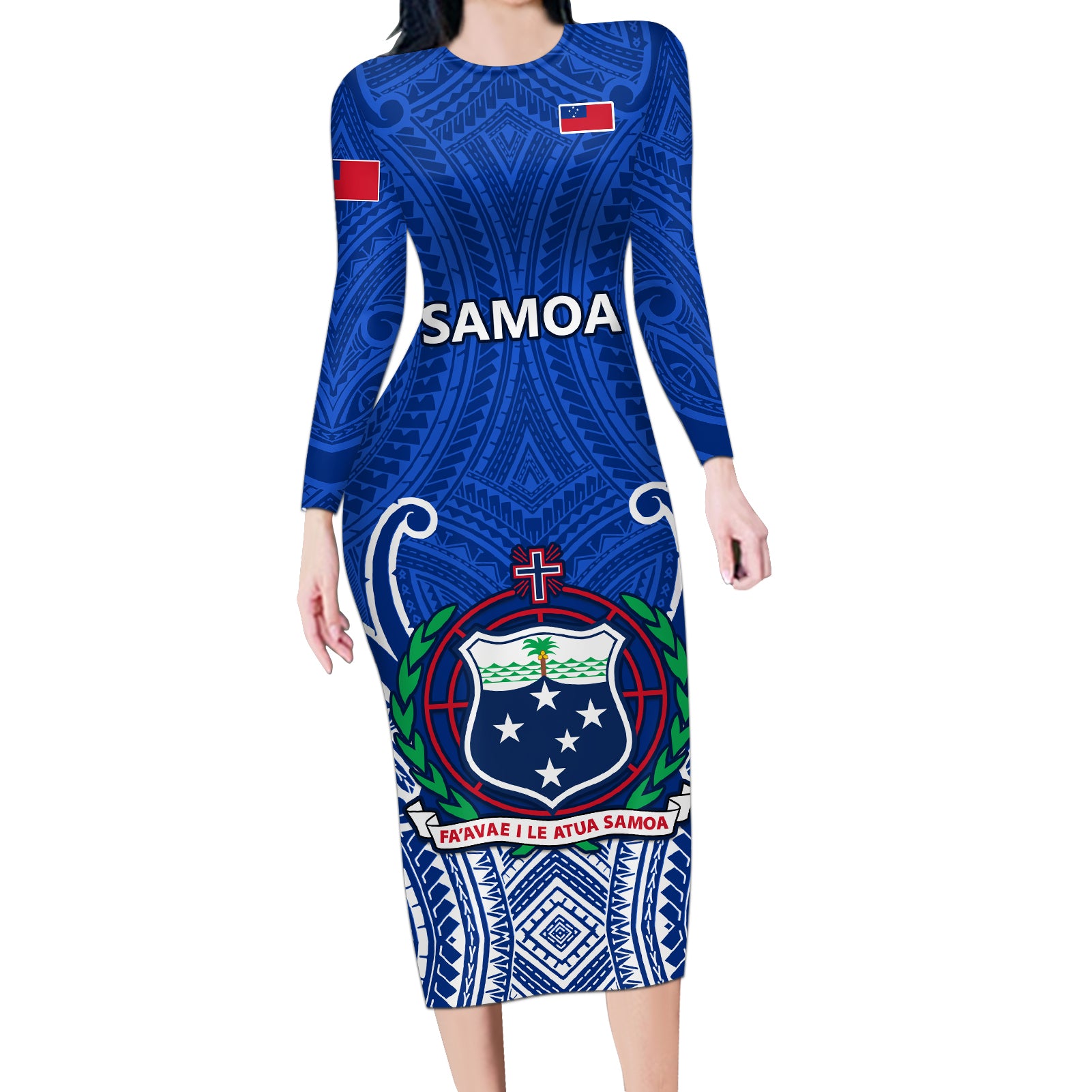 Samoa Rugby Long Sleeve Bodycon Dress Manu Samoa Go 2023 World Cup LT01 Long Dress Blue - Polynesian Pride