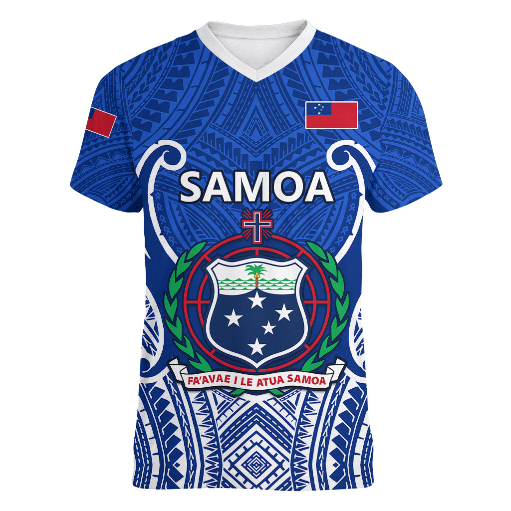 Samoa Rugby Women V Neck T Shirt Manu Samoa Go 2023 World Cup LT01 Female Blue - Polynesian Pride