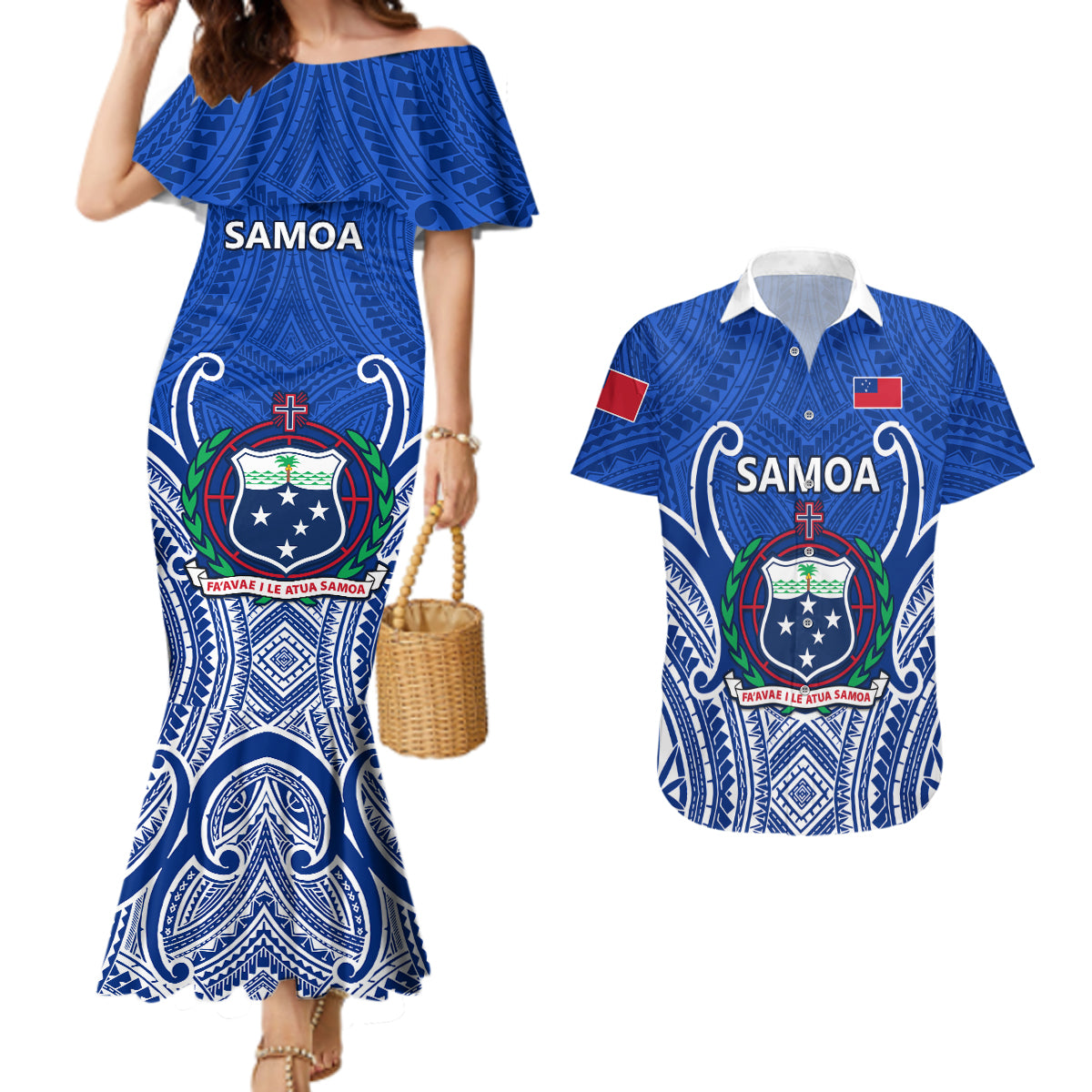 Custom Samoa Rugby Couples Matching Mermaid Dress and Hawaiian Shirt Manu Samoa Go 2023 World Cup LT01 Blue - Polynesian Pride