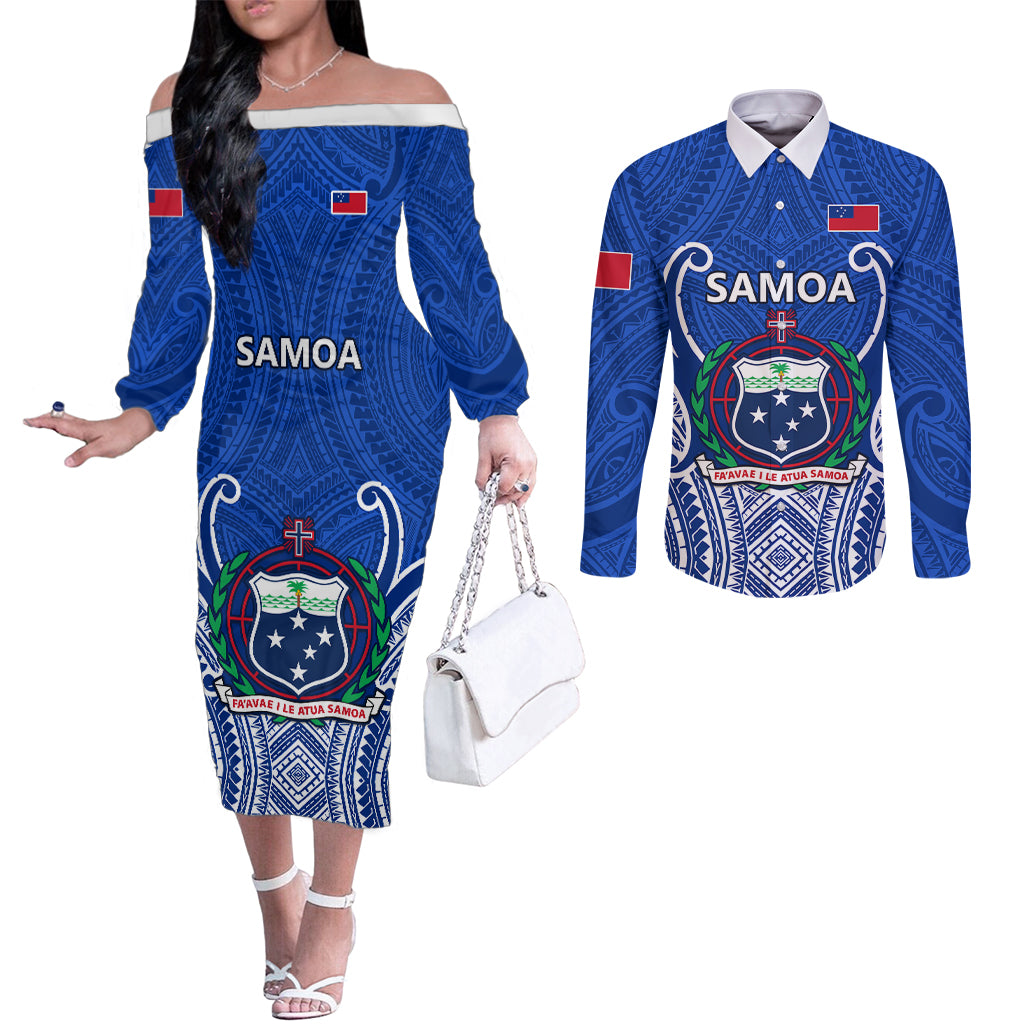 Custom Samoa Rugby Couples Matching Off The Shoulder Long Sleeve Dress and Long Sleeve Button Shirts Manu Samoa Go 2023 World Cup LT01 Blue - Polynesian Pride