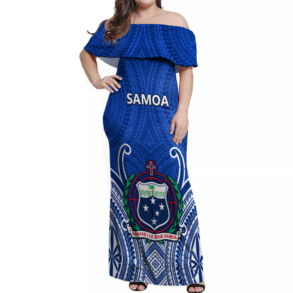 Custom Samoa Rugby Off Shoulder Maxi Dress Manu Samoa Go 2023 World Cup LT01 Women Blue - Polynesian Pride