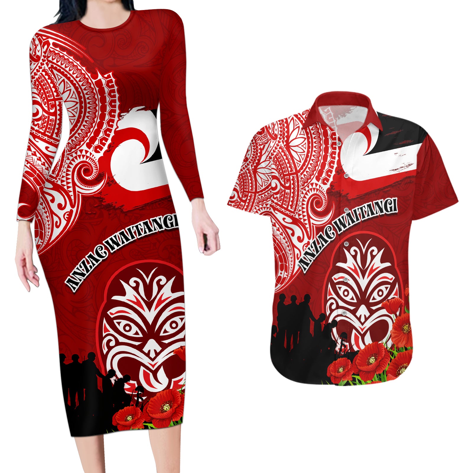 New Zealand ANZAC Waitangi Day Couples Matching Long Sleeve Bodycon Dress and Hawaiian Shirt Lest We Forget Soldier Tiki Maori Style LT03 Red - Polynesian Pride