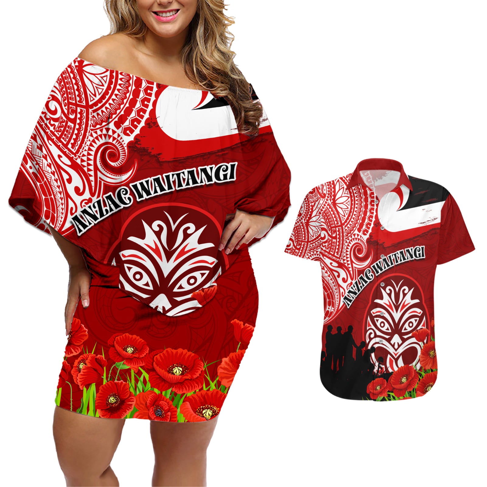 New Zealand ANZAC Waitangi Day Couples Matching Off Shoulder Short Dress and Hawaiian Shirt Lest We Forget Soldier Tiki Maori Style LT03 Red - Polynesian Pride