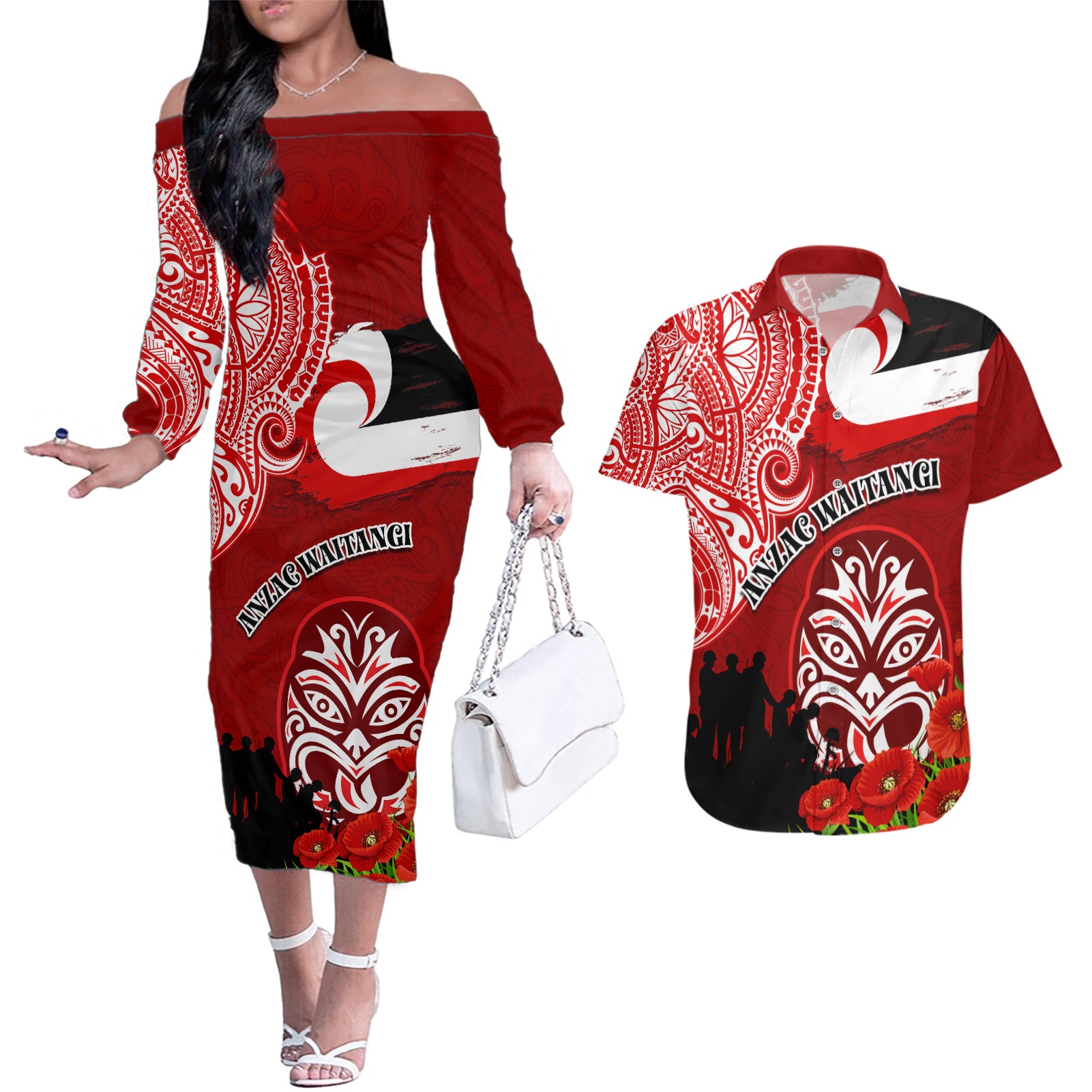 New Zealand ANZAC Waitangi Day Couples Matching Off The Shoulder Long Sleeve Dress and Hawaiian Shirt Lest We Forget Soldier Tiki Maori Style LT03 Red - Polynesian Pride