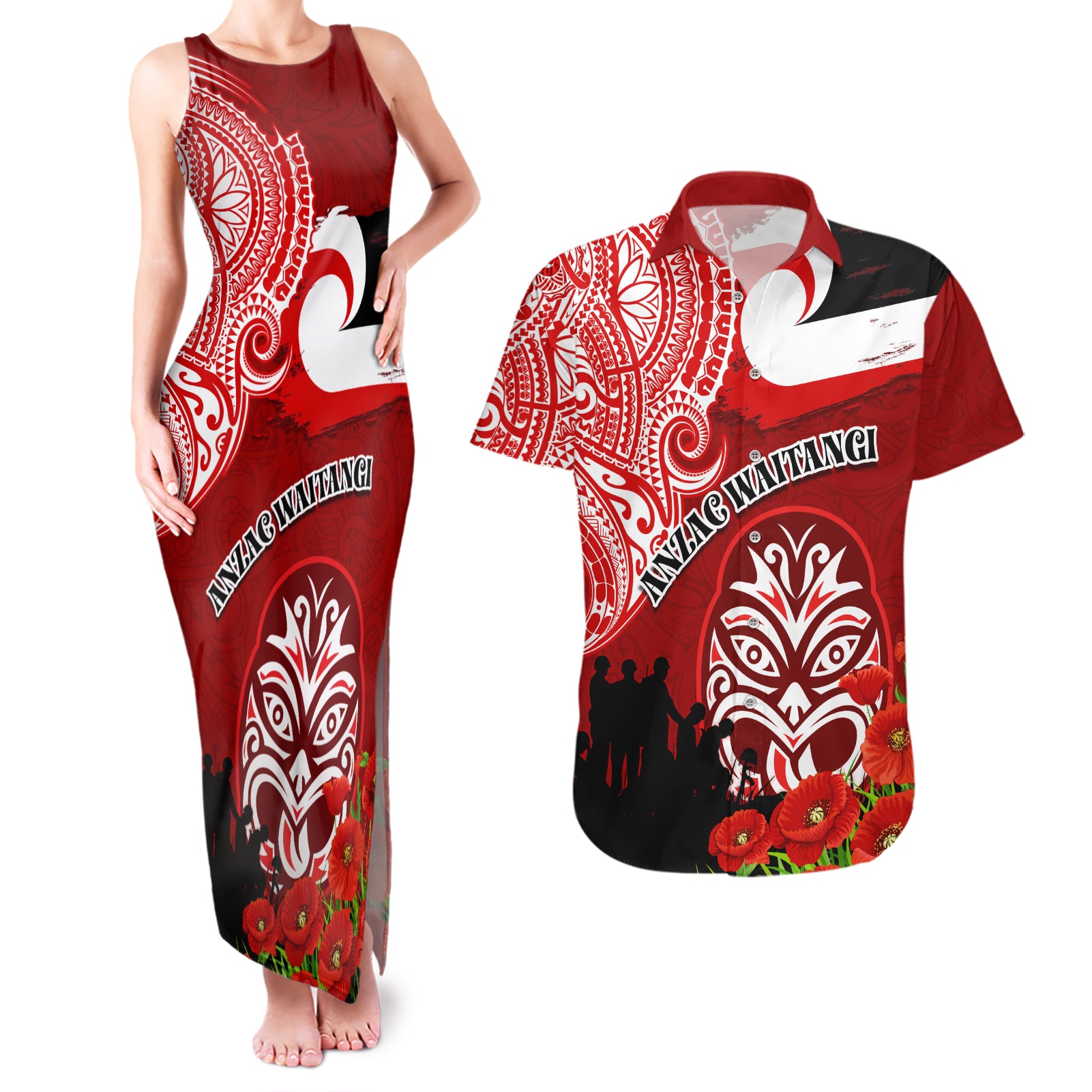 New Zealand ANZAC Waitangi Day Couples Matching Tank Maxi Dress and Hawaiian Shirt Lest We Forget Soldier Tiki Maori Style LT03 Red - Polynesian Pride