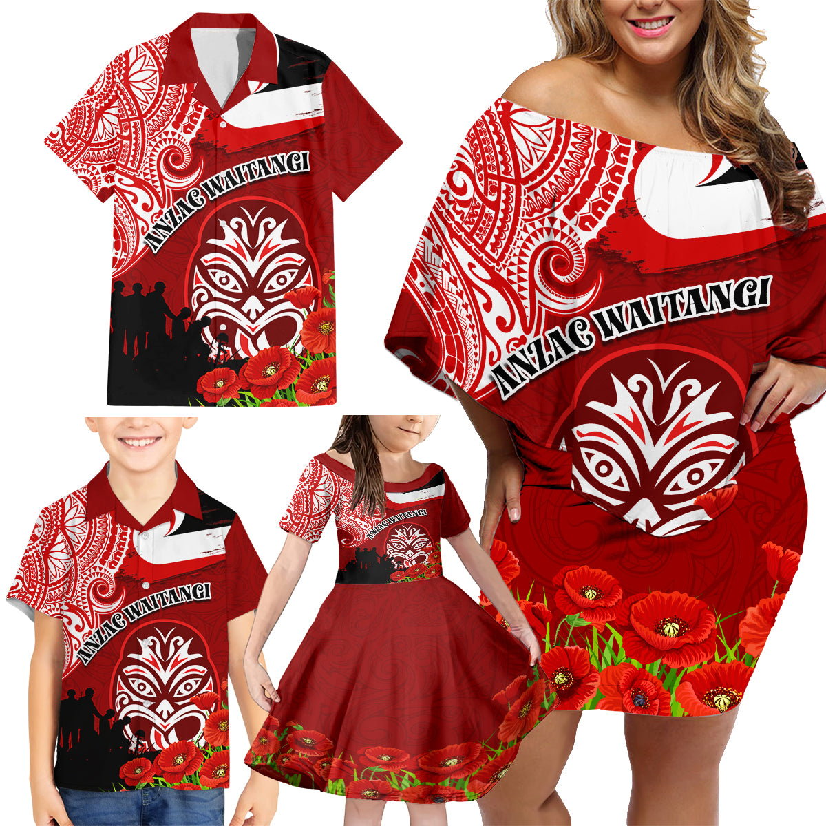 New Zealand ANZAC Waitangi Day Family Matching Off Shoulder Short Dress and Hawaiian Shirt Lest We Forget Soldier Tiki Maori Style LT03 - Polynesian Pride