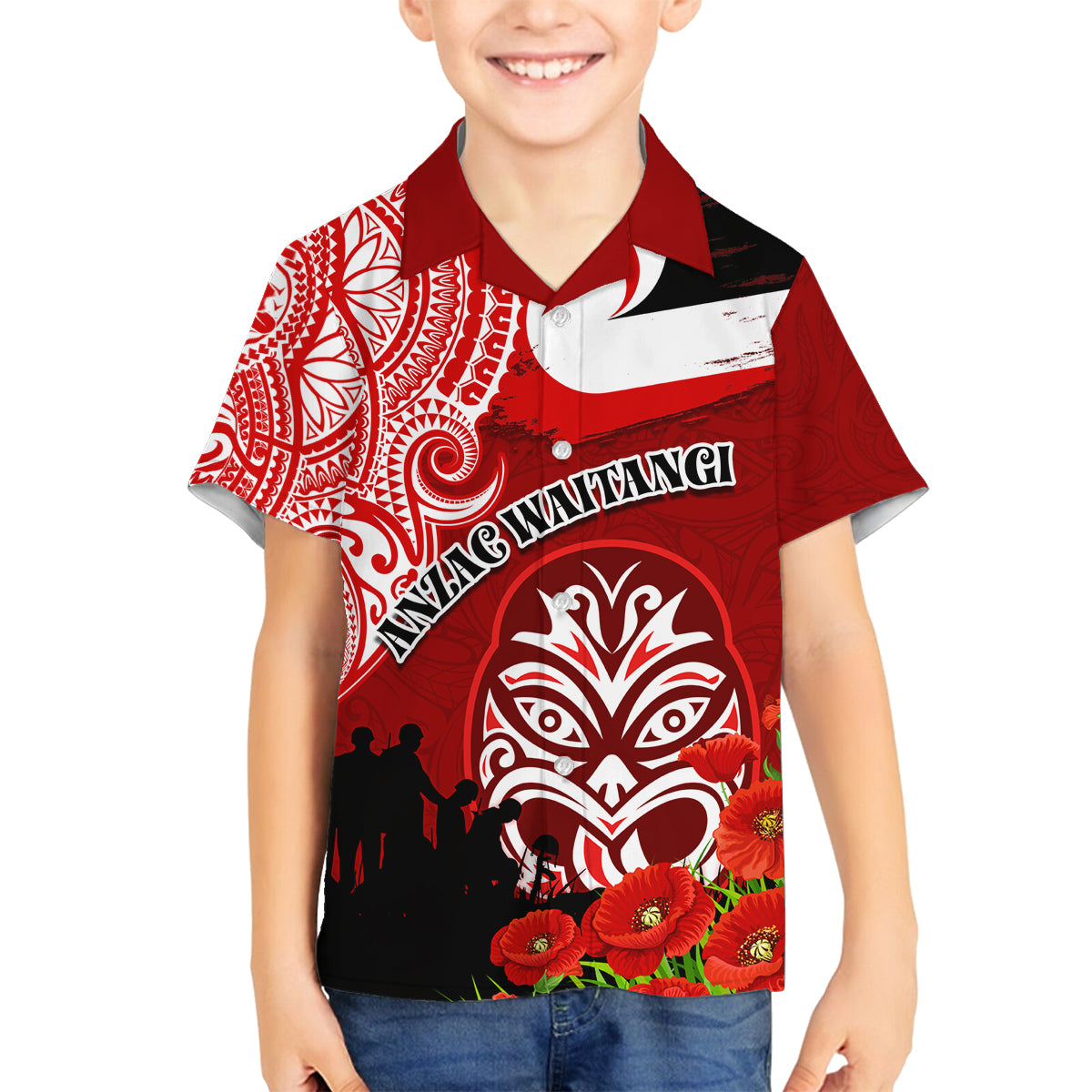 New Zealand ANZAC Waitangi Day Family Matching Puletasi and Hawaiian Shirt Lest We Forget Soldier Tiki Maori Style LT03 Son's Shirt Red - Polynesian Pride