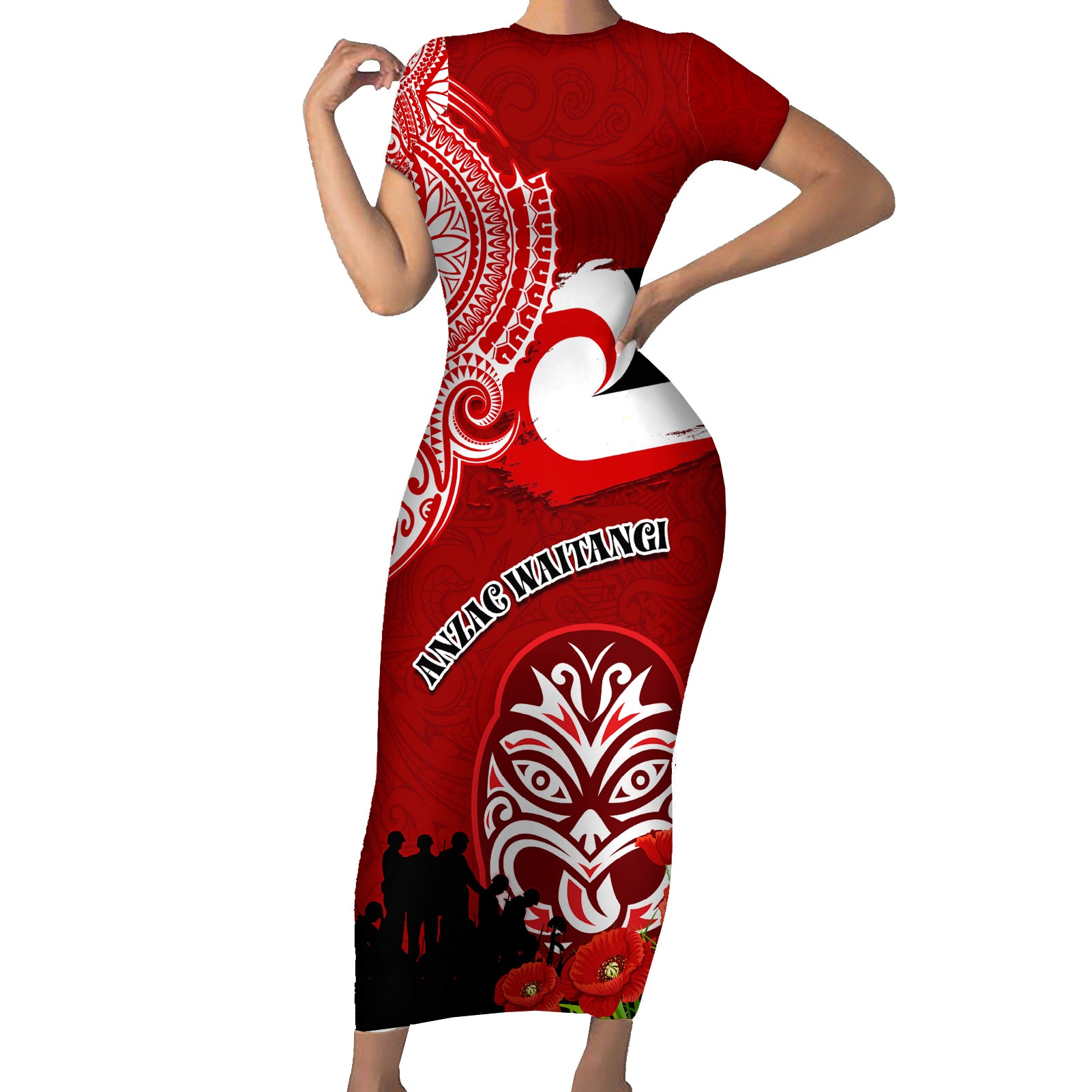 New Zealand ANZAC Waitangi Day Short Sleeve Bodycon Dress Lest We Forget Soldier Tiki Maori Style LT03 Long Dress Red - Polynesian Pride