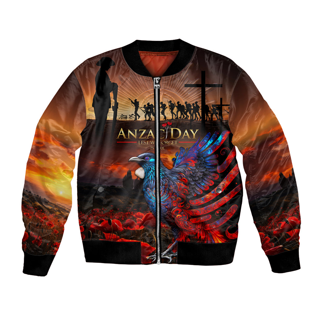 New Zealand Tui Bird Soldier ANZAC Bomber Jacket Lest We Forget LT03 Unisex Black - Polynesian Pride
