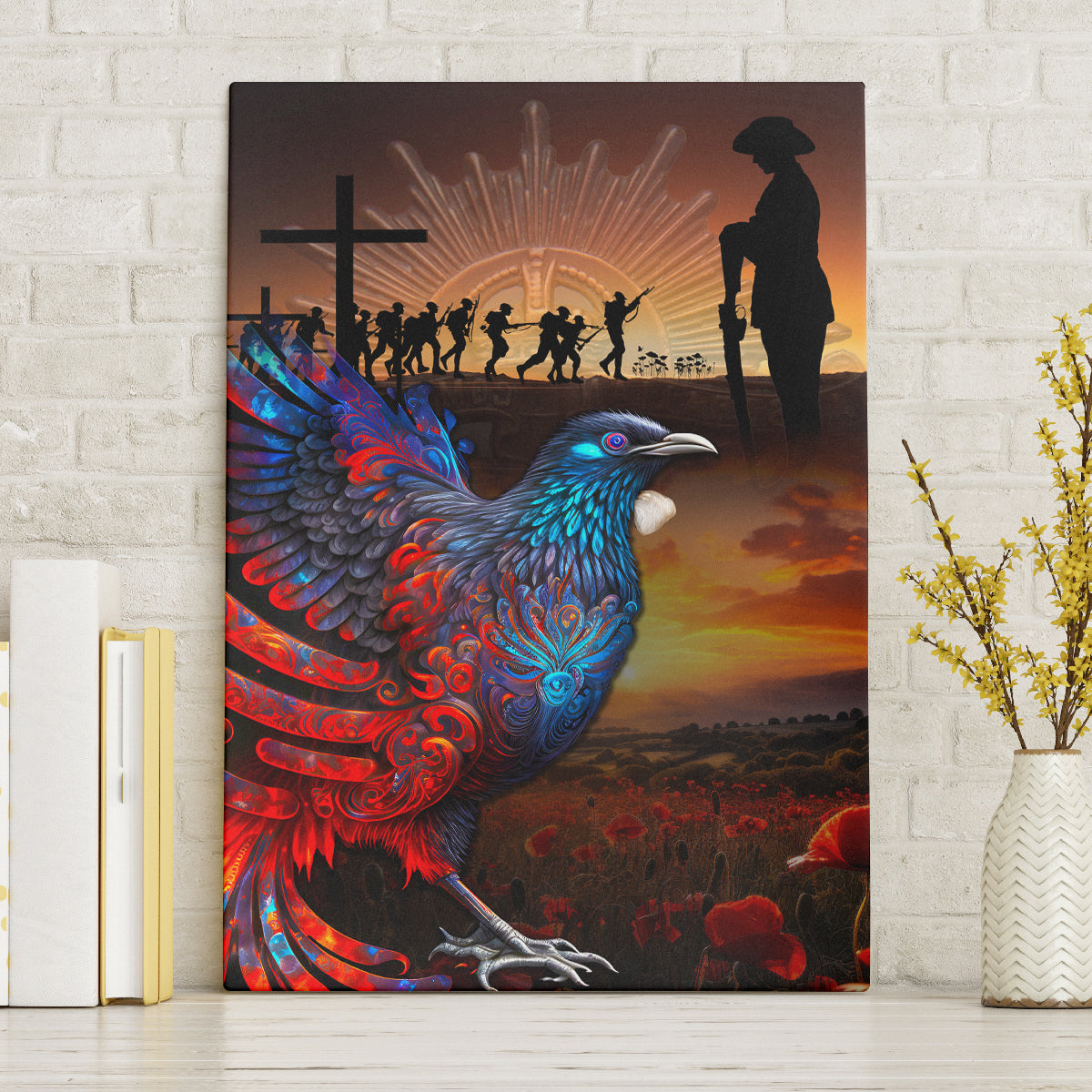 New Zealand Tui Bird Soldier ANZAC Canvas Wall Art Lest We Forget LT03 Without Frame Black - Polynesian Pride