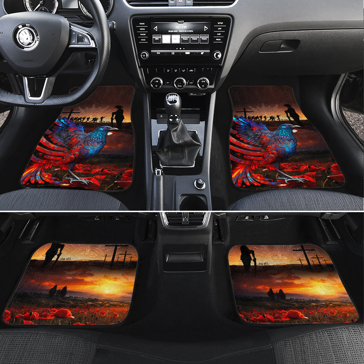 New Zealand Tui Bird Soldier ANZAC Car Mats Lest We Forget LT03 Set 4pcs Black - Polynesian Pride
