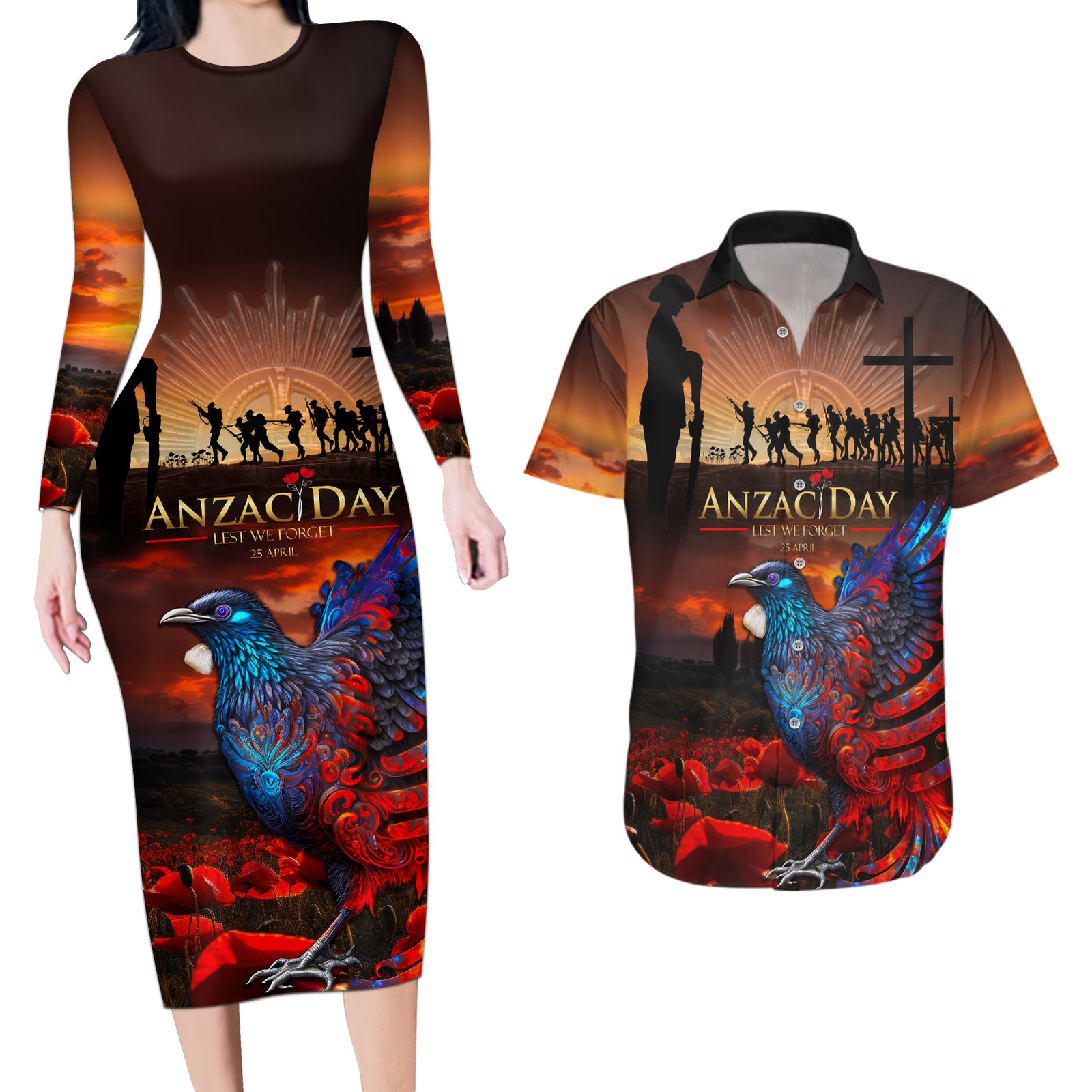 New Zealand Tui Bird Soldier ANZAC Couples Matching Long Sleeve Bodycon Dress and Hawaiian Shirt Lest We Forget LT03 Black - Polynesian Pride