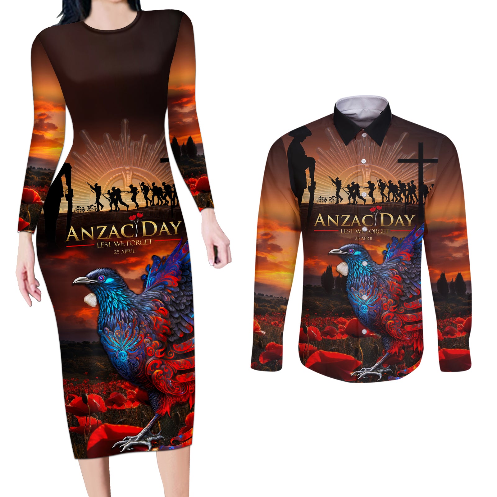 New Zealand Tui Bird Soldier ANZAC Couples Matching Long Sleeve Bodycon Dress and Long Sleeve Button Shirt Lest We Forget LT03 Black - Polynesian Pride
