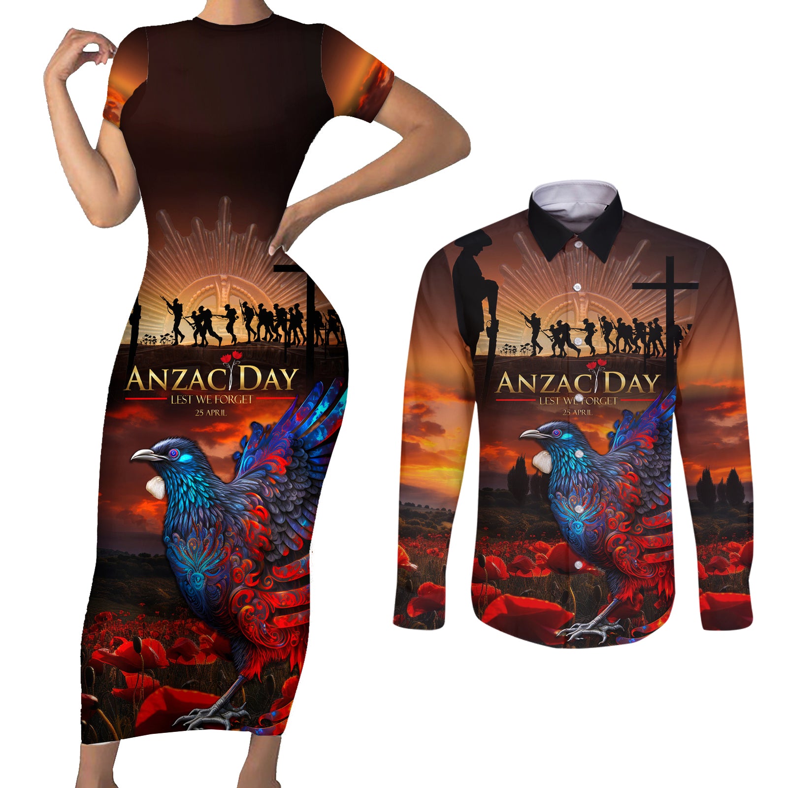 New Zealand Tui Bird Soldier ANZAC Couples Matching Short Sleeve Bodycon Dress and Long Sleeve Button Shirt Lest We Forget LT03 Black - Polynesian Pride